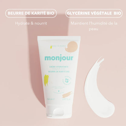 Infographie Monjour mettant en avant la texture légère et fondante de la crème hydratante visage et corps