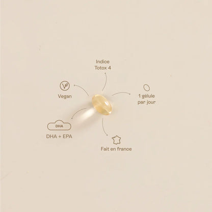 Infographie des bienfaits du DHA/EPA: développement du cerveau et de la vision du bébé, soutien du cerveau de la maman.