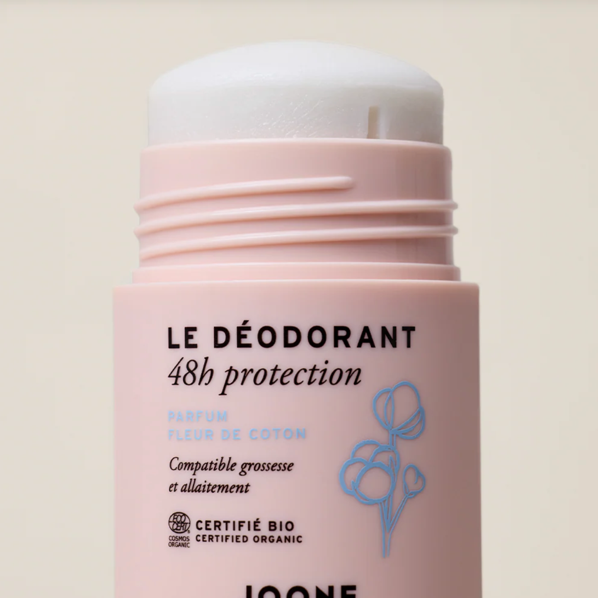 Stick de déodorant bio Joone Fleur de Coton ouvert, protection 48h.