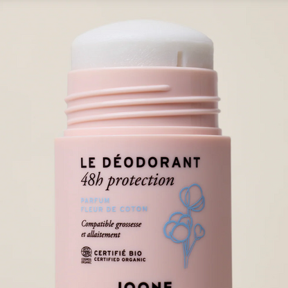 Stick de déodorant bio Joone Fleur de Coton ouvert, protection 48h.