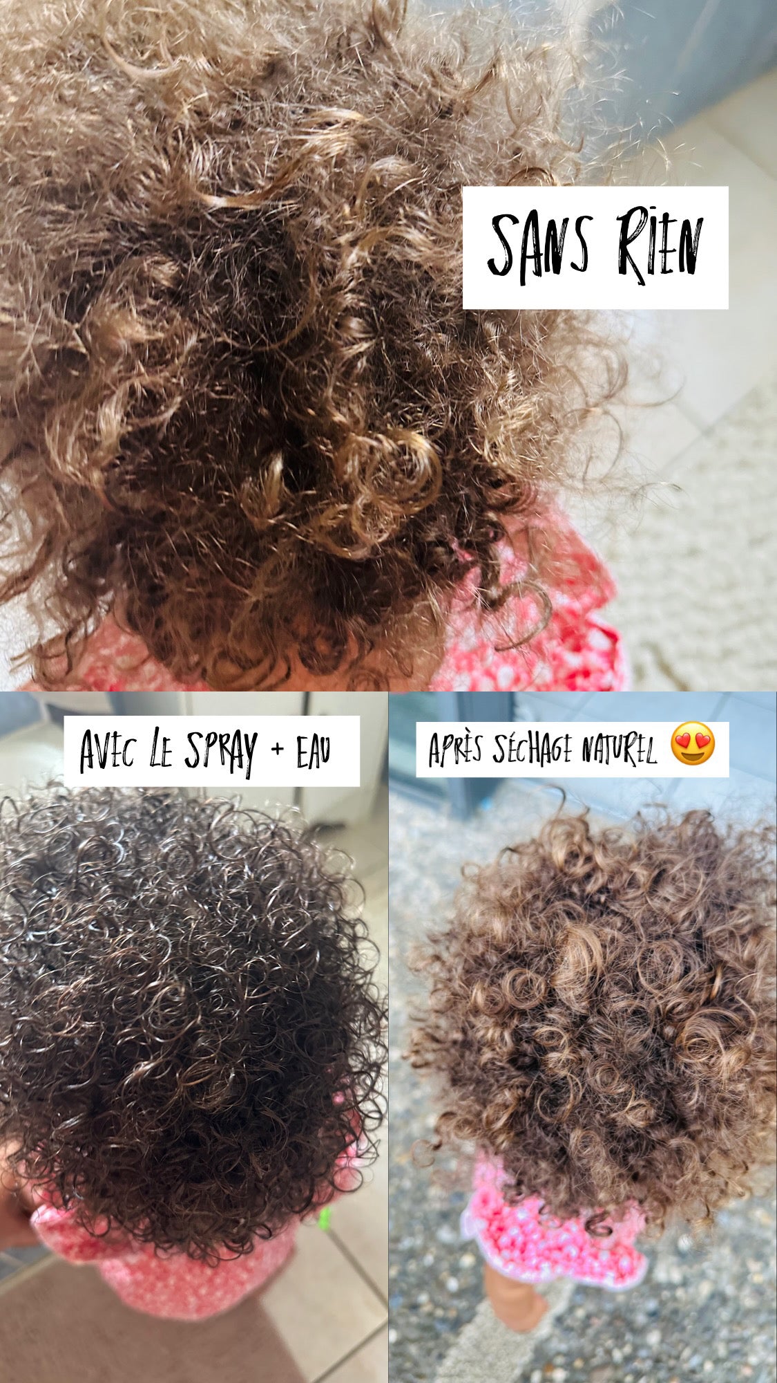 Résultat avant et après application de l’eau coiffante bio Joone sur cheveux bouclés d’enfant.