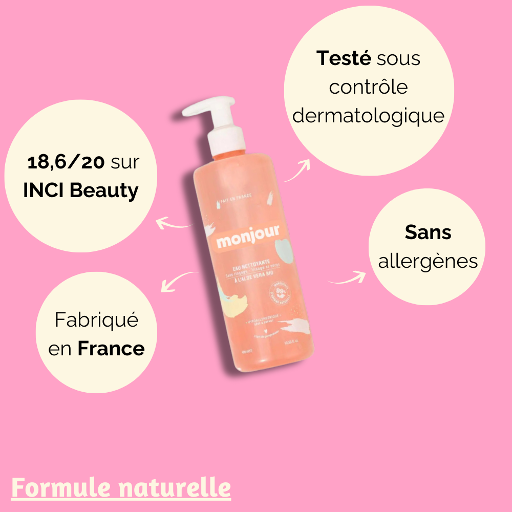 Eau nettoyante Monjour avec des labels de qualité : notée 18,6/20 sur INCI Beauty, sans allergènes, fabriquée en France.