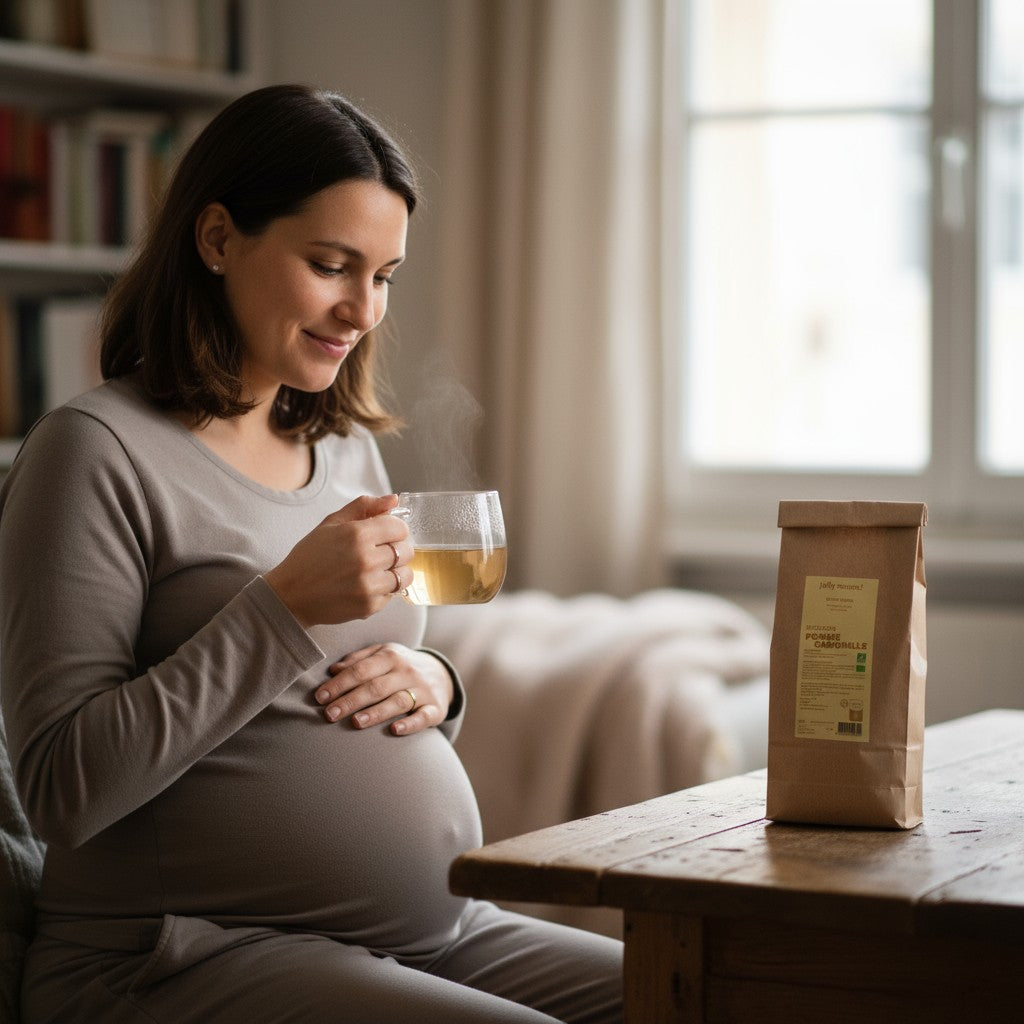 Future maman tenant une tasse d’infusion camomille-pomme Sweet Mama, tisane apaisante pour favoriser la relaxation et le sommeil.