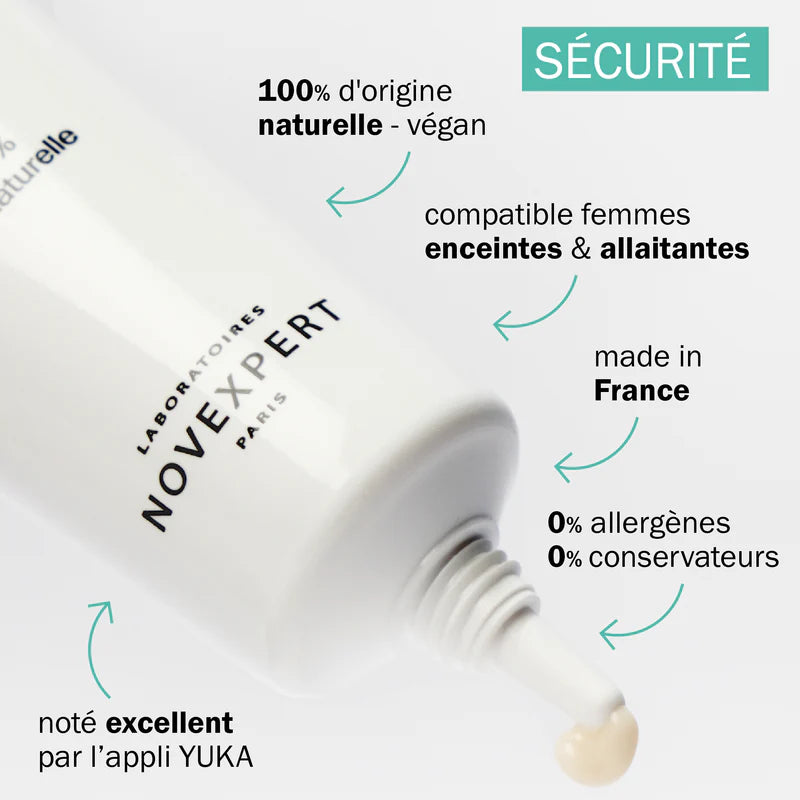 Infographie Fluide Pureté Novexpert, 100 % naturel, végan, compatible grossesse et allaitement
