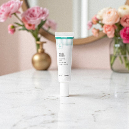 Tube de Fluide Pureté Trio-Zinc Novexpert posé sur une table, soin naturel anti-imperfections