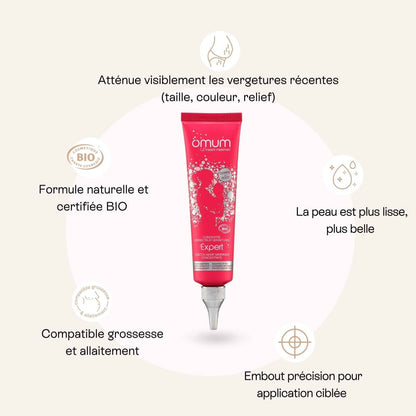 Illustration du tube L’Expert Omum avec mise en avant de la Centella Asiatica et des extraits d’algues pour stimuler collagène et élasticité.