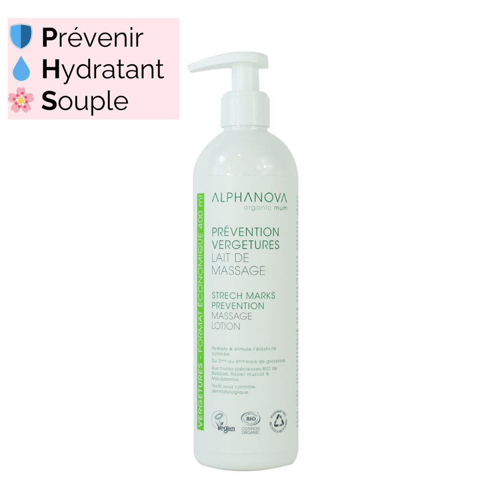 Alphanova lait de massage prévention vergetures format économique 400ml – compatible grossesse et allaitement 