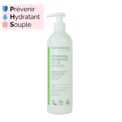 Alphanova lait de massage prévention vergetures format économique 400ml – compatible grossesse et allaitement 