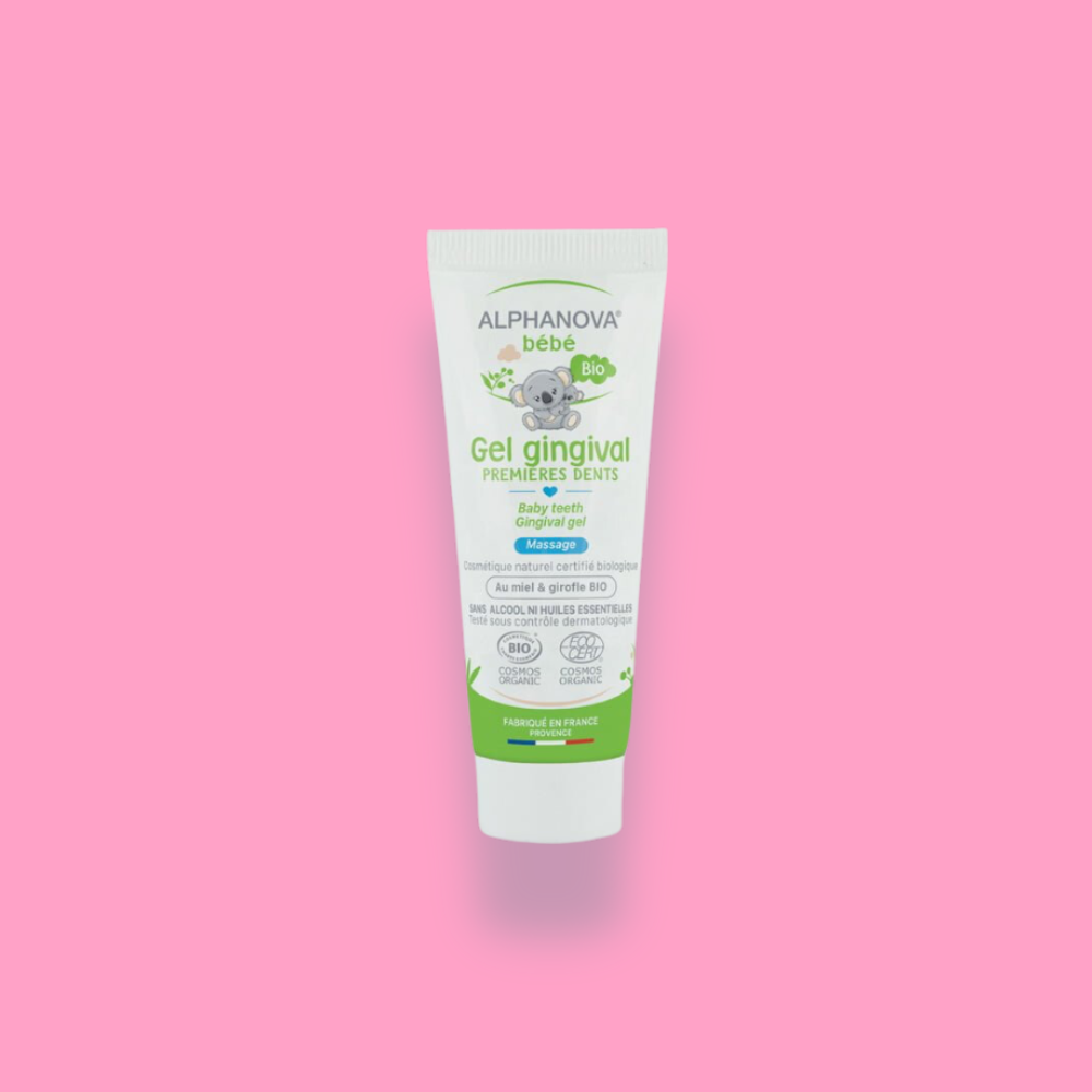 Gel Gingival Premières Dents Bio Alphanova Bébé pour soulager les douleurs dentaires des bébés.