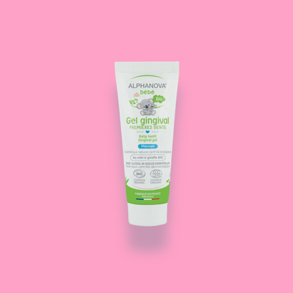 Gel Gingival Premières Dents Bio Alphanova Bébé pour soulager les douleurs dentaires des bébés.