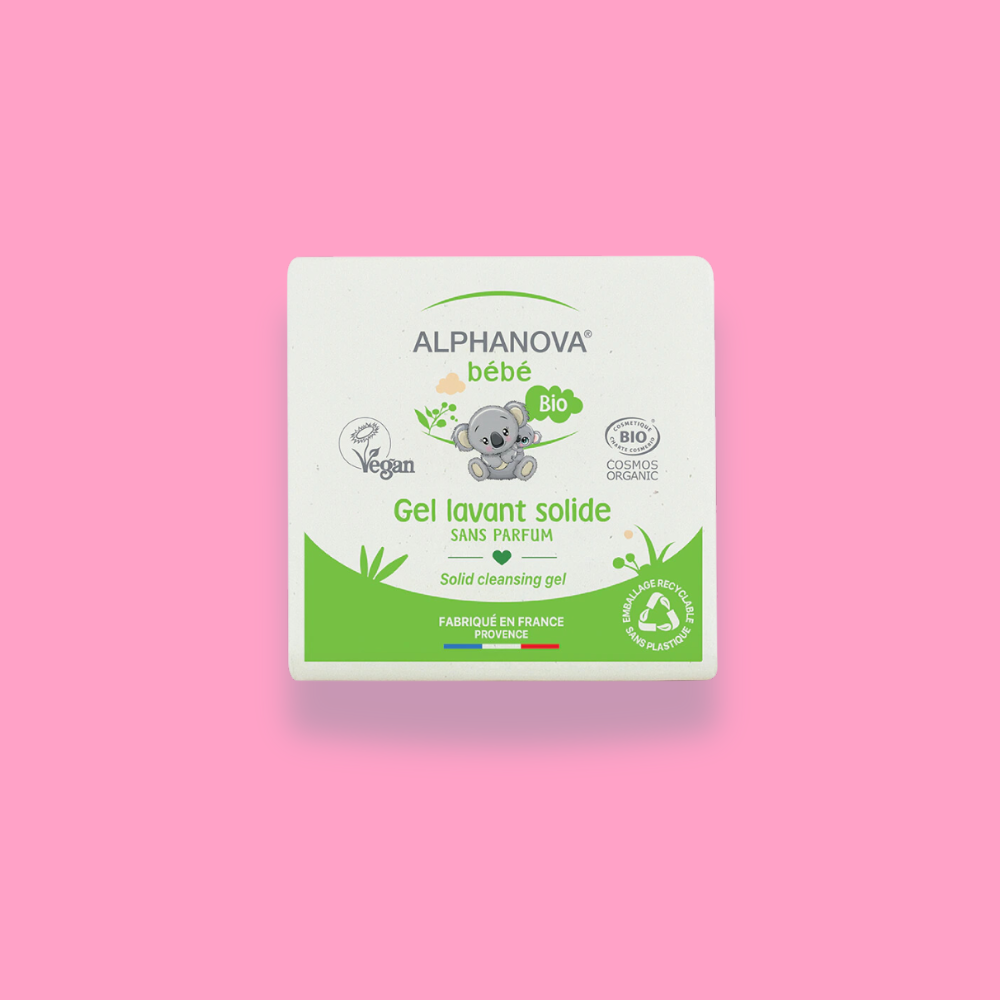 Gel lavant solide sans parfum Alphanova bébé, format pratique et éco-responsable, 100% d'origine naturelle et biologique.
