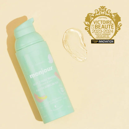 Flacon Monjour avec texture gel-huile et label Victoires de la Beauté, soin naturel bébé et maman