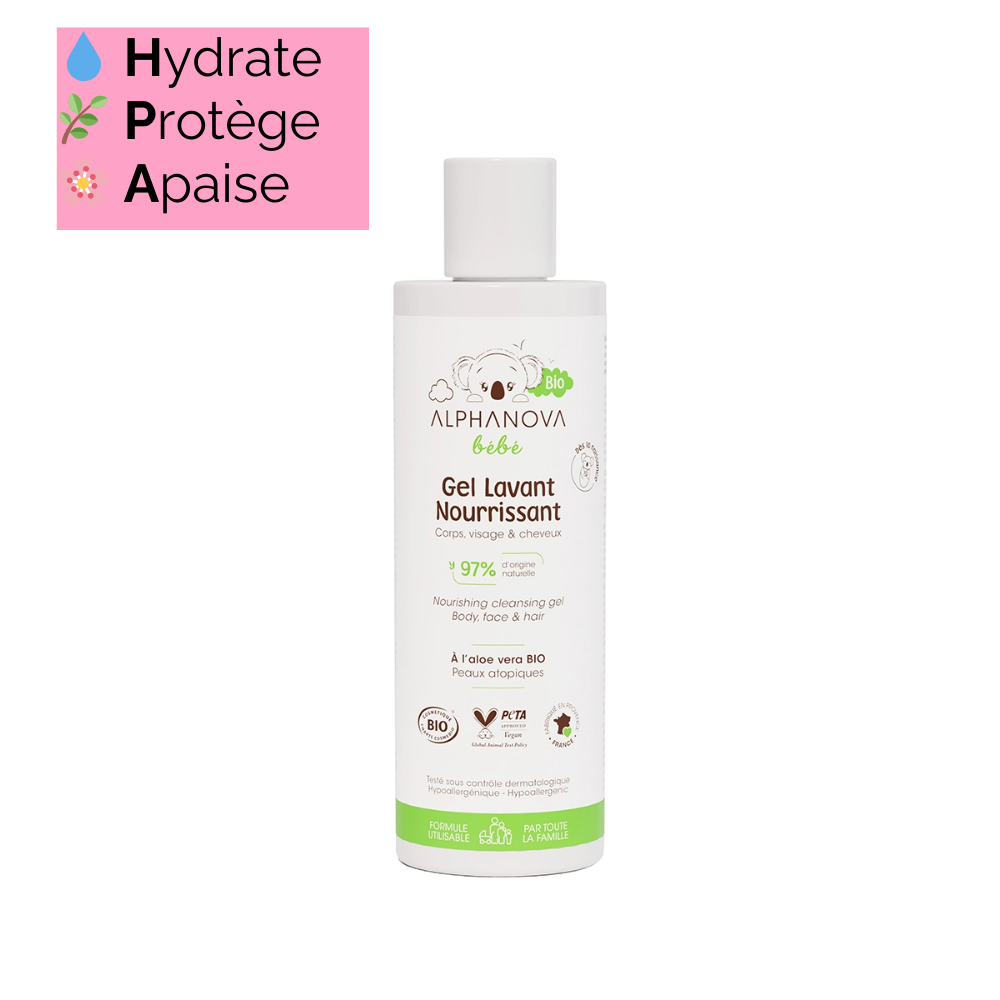 Gel lavant nourrissant Alphanova avec des ingrédients naturels, hydrate, protège et apaise la peau sensible des bébés.