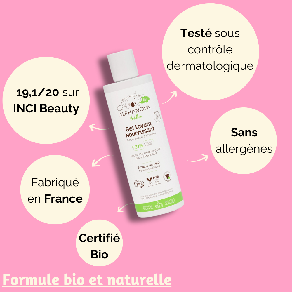 Gel lavant nourrissant Alphanova certifié bio, testé dermatologiquement, sans allergènes et 97 % d'ingrédients naturels