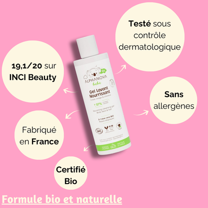Gel lavant nourrissant Alphanova certifié bio, testé dermatologiquement, sans allergènes et 97 % d'ingrédients naturels