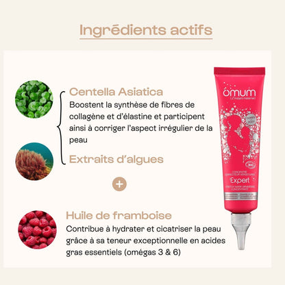 Focus actifs : Centella Asiatica, huile de framboise et extraits d’algues, efficaces contre les vergetures récentes.