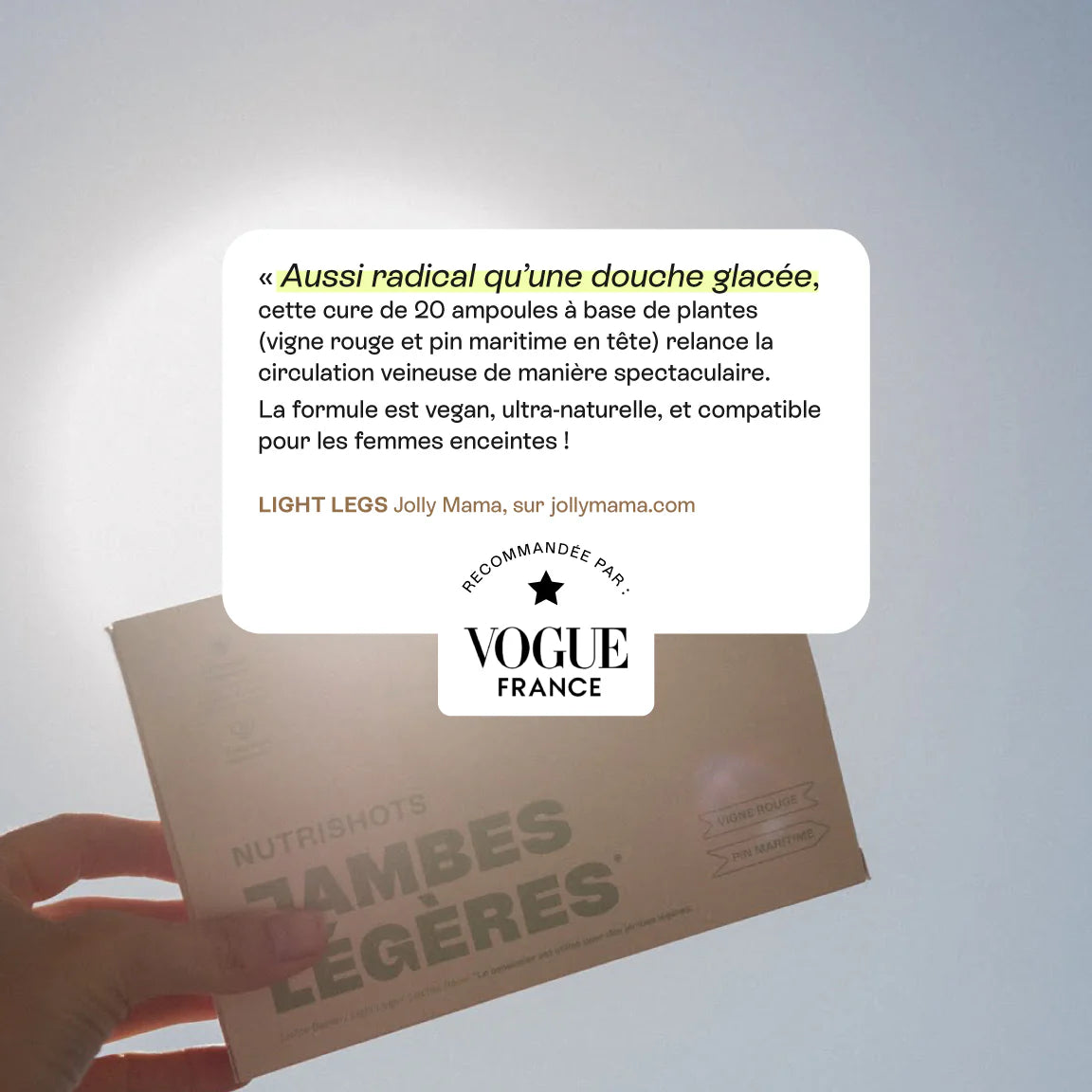 Boîte Jambes Légères avec un encart mettant en avant une note 5/5 et une citation presse Vogue France.