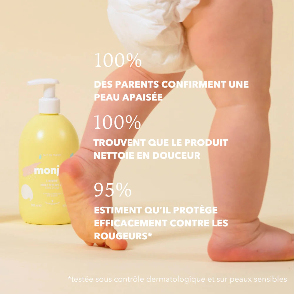 Infographie montrant l’efficacité du Liniment Monjour : 100 % des parents confirment une peau apaisée et protégée, 95 % contre les rougeurs