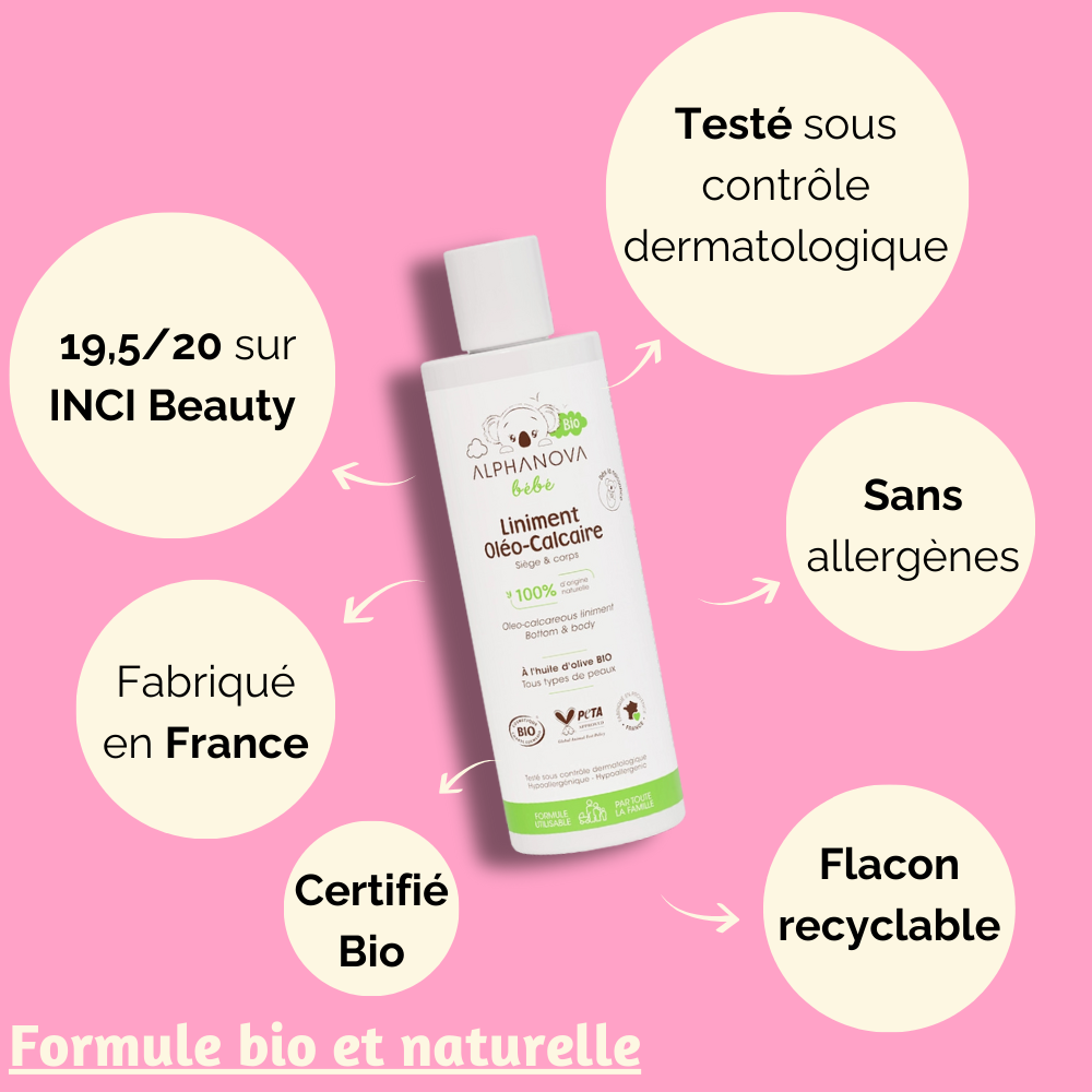 Liniment oléo-calcaire Alphanova, affichant ses certifications bio, sa fabrication en France et son test dermatologique pour une utilisation sûre et efficace sur la peau sensible de bébé.