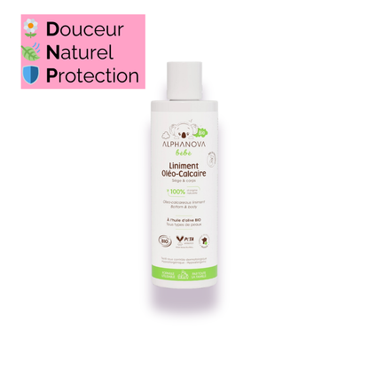 Liniment Oléo-Calcaire Alphanova pour bébé, affichant ses bienfaits hydratants, protecteurs et naturels. Il est conçu pour être utilisé en toute sécurité dès la naissance.