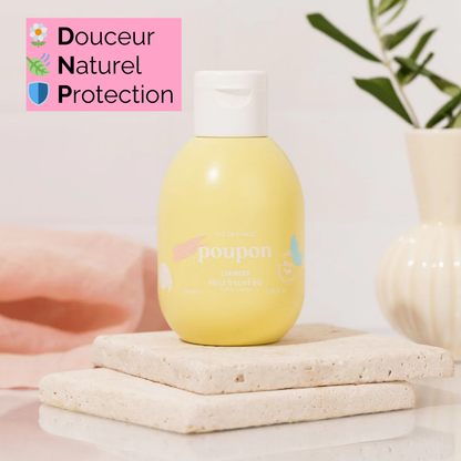 Liniment bio Poupon, douceur naturelle pour la peau des bébés.