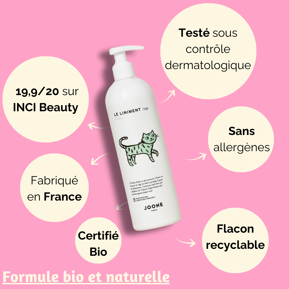 Présentation du liniment de JOONE, certifié bio et testé dermatologiquement, avec des informations sur sa formulation sans allergènes.