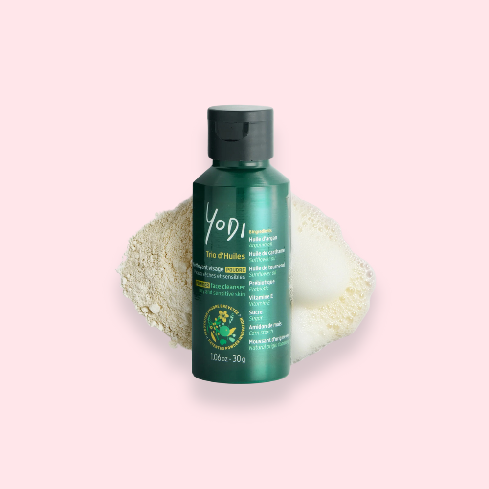 Nettoyant visage en poudre Trio d'Huiles Yodi, soin naturel pour peaux sèches et sensibles.
