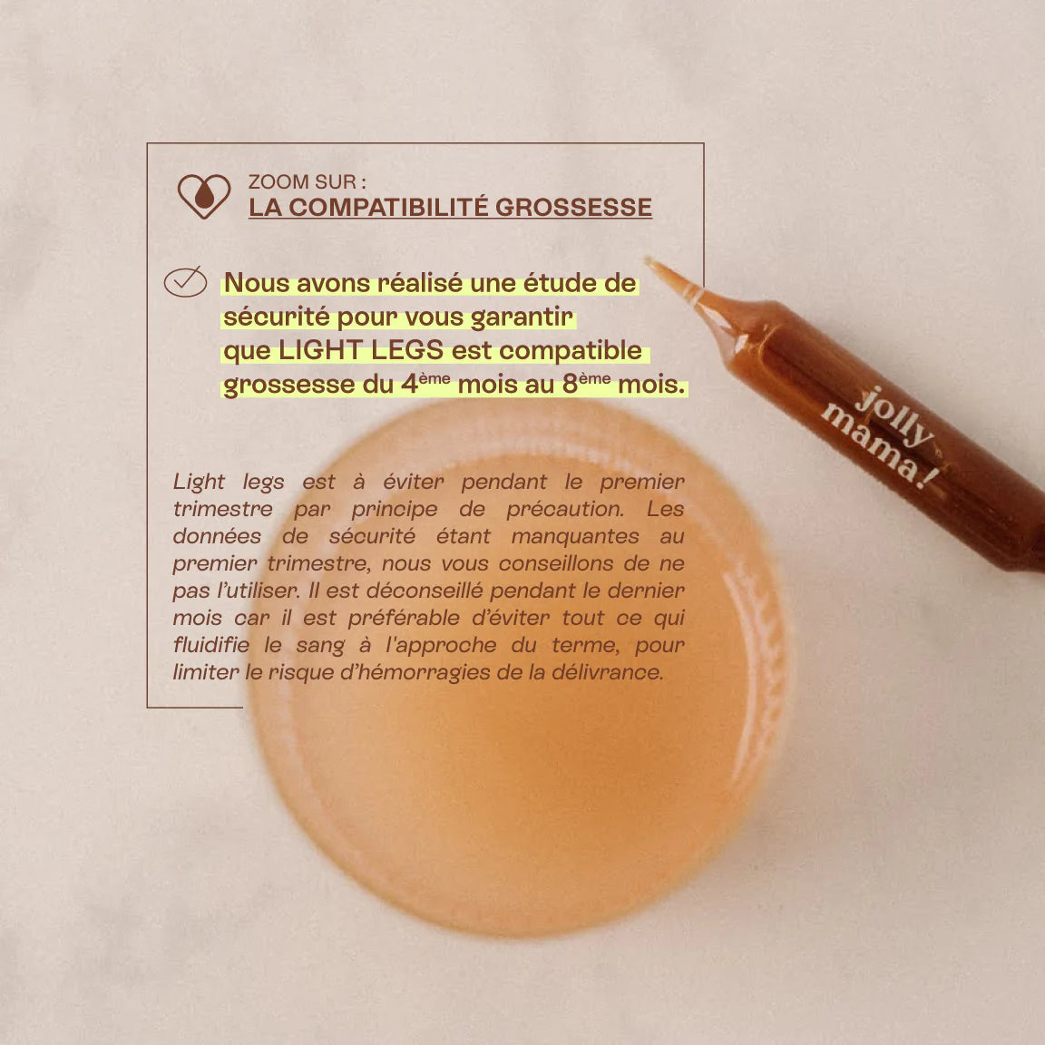 Ampoule diluée dans un verre avec texte précisant l’utilisation sécurisée du produit pendant la grossesse.