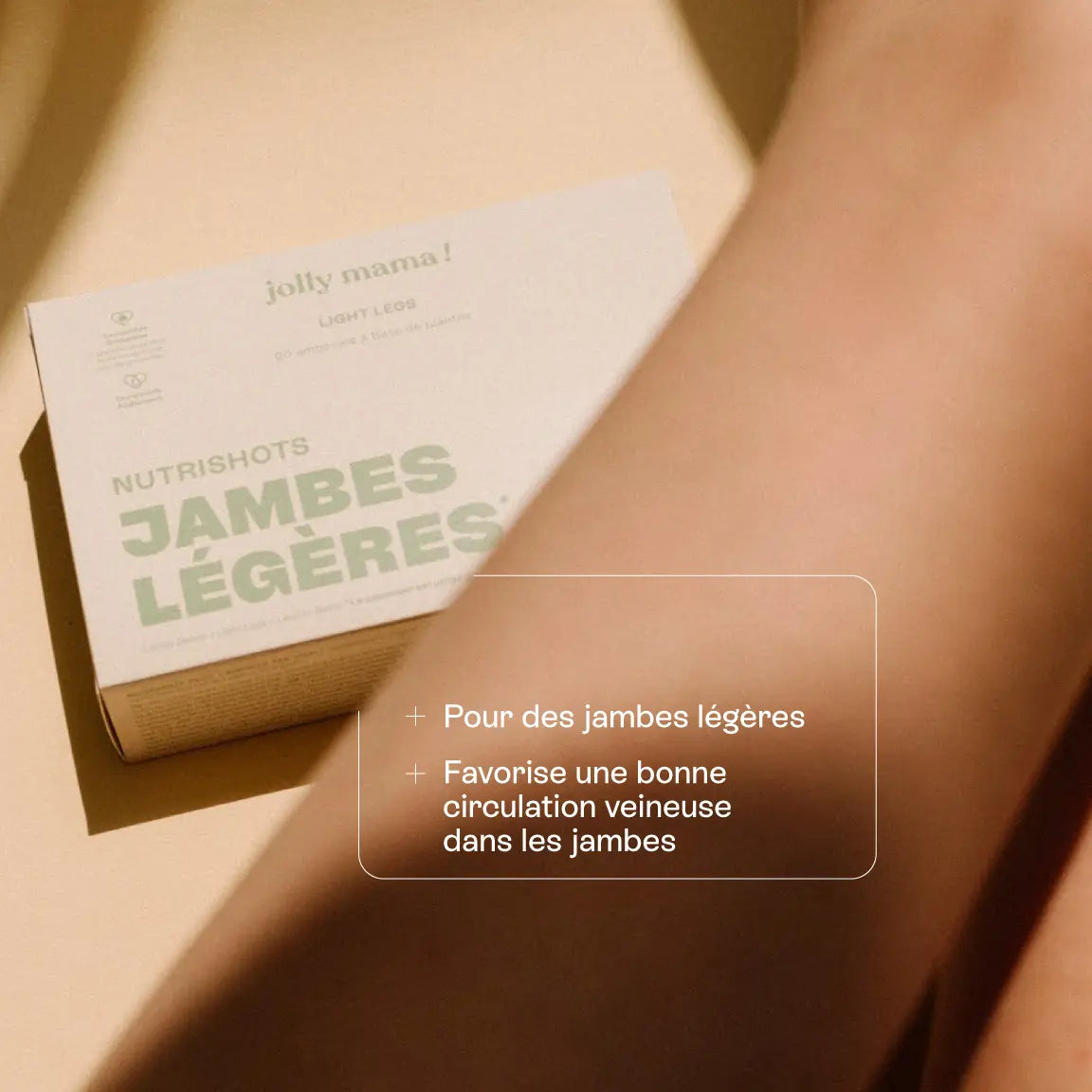 Zoom sur la boîte Jambes Légères avec ampoule et ingrédients clés listés : cassissier, vigne rouge, marronnier d’Inde, pin maritime.