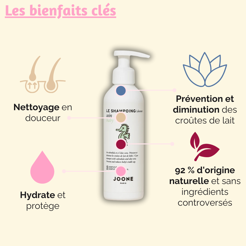 Shampoing bio Joone pour bébé, bouteille avec pompe, étiquette avec un hippocampe et des informations sur les bienfaits, sur fond clair.