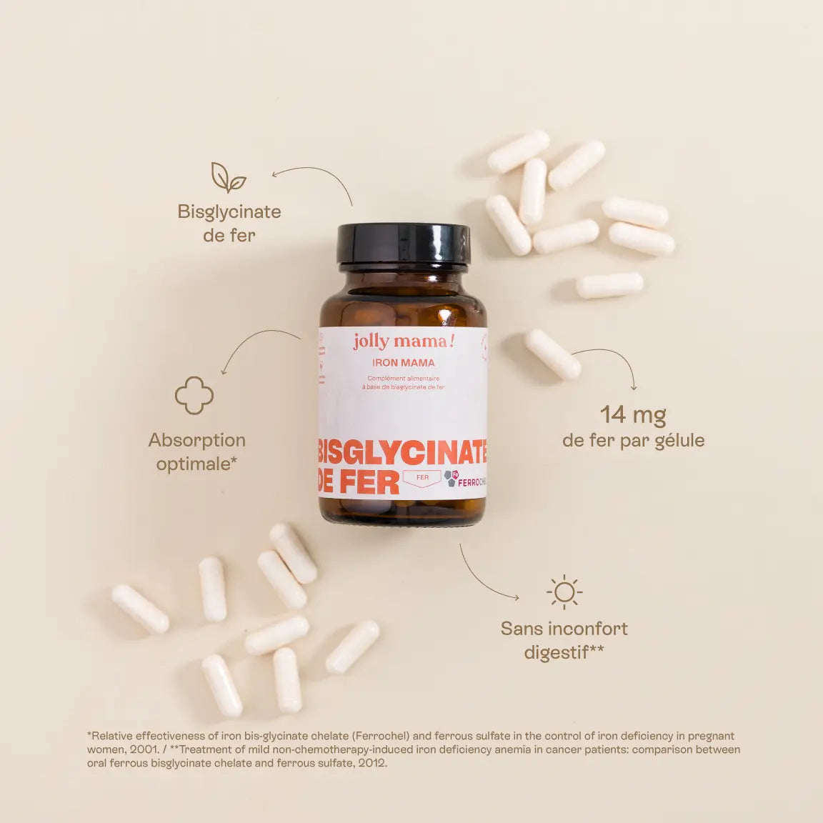 Pot en verre Iron Mama sur fond clair; fabrication conforme HACCP/GMP, sans gluten, capsule 100% végétale.