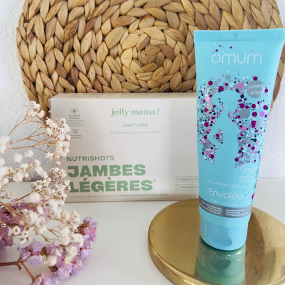 Photo de la routine jambes légères spéciale grossesse, composée d’un gel rafraîchissant bio et d’un complément alimentaire naturel Jolly Mama, posés sur un fond doux avec des fleurs séchées.

