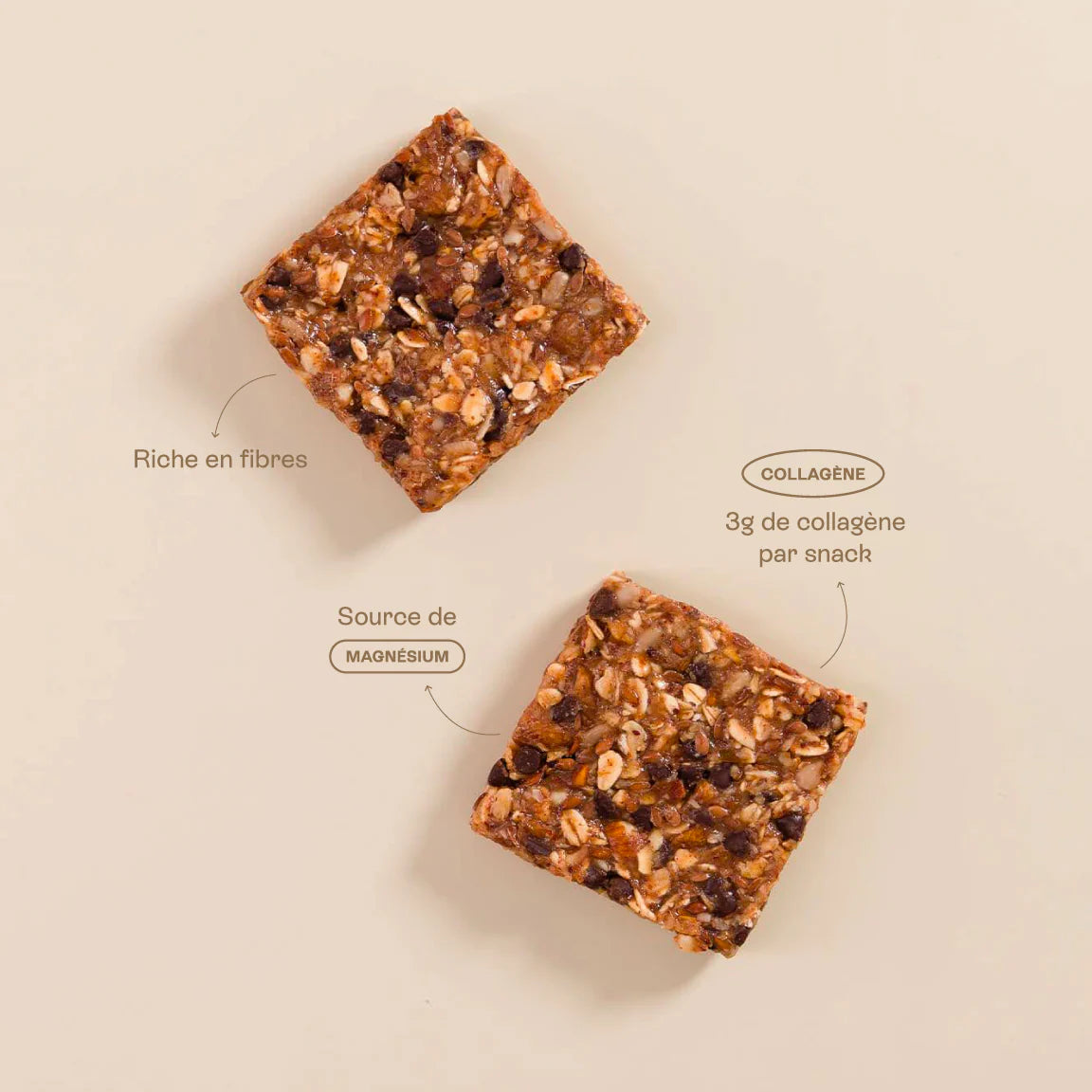 Barre de snack Jolly Mama montrant sa texture riche en fibres et l’utilisation d’un collagène de qualité, sans collagène bovin.