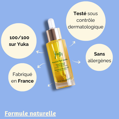  Infographie mettant en avant les bienfaits de l’huile Yodi : 100% naturelle, sans allergènes, enrichie en huile d’avoine et huile d’amande douce pour nourrir la peau.