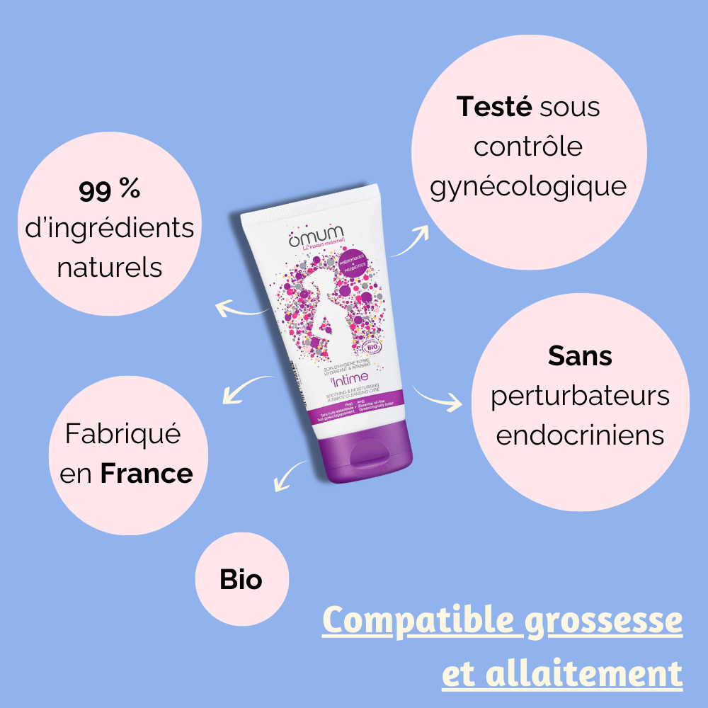 Gros plan de la texture transparente du gel intime Omum, soin doux et hydratant respectueux des muqueuses sensibles.