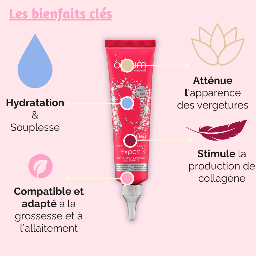 Concentré correcteur de vergetures, certifié bio, testé dermatologiquement et compatible avec la grossesse et l'allaitement.