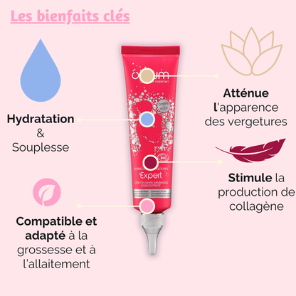 Concentré correcteur de vergetures, certifié bio, testé dermatologiquement et compatible avec la grossesse et l'allaitement.