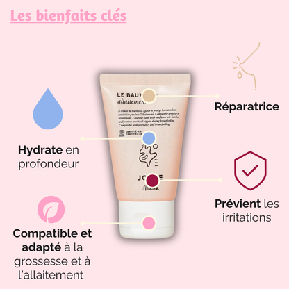 Crème Joone pour allaitement montrant les bienfaits d'hydratation, de prévention des irritations et de soutien durant la grossesse et l’allaitement.