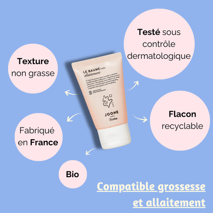Flacon de baume allaitement Joone affichant les informations sur la compatibilité avec la grossesse et l’allaitement, sur fond bleu clair."