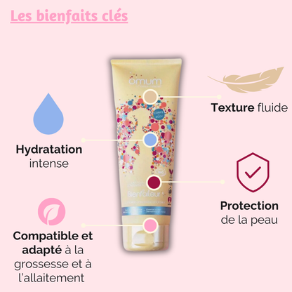Bénéfices clés de Le Bienfaiteur d'Omum : Hydratation intense, texture fluide et légère, et protection de la peau. Formulé pour les femmes enceintes et allaitantes, avec des ingrédients bio.
