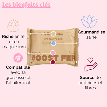 Bienfaits de Croquantissime : collation riche en fer bio-assimilable, source d'énergie, conçue pour les mamans avec des ingrédients 100% bio.