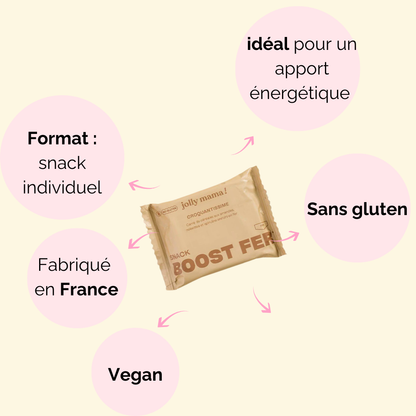 Composition de Croquantissime : snack sans gluten, à base de noisettes, amandes et avoine bio, enrichi en fer pour un apport nutritif.