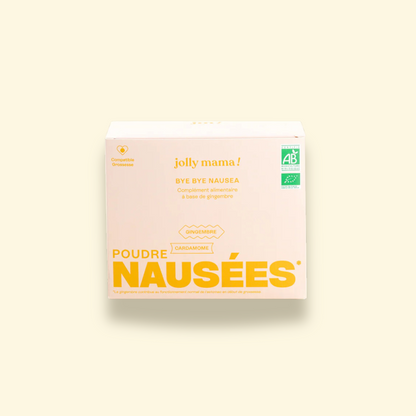 Packaging de Bye Bye Nausea - complément alimentaire bio à base de gingembre pour les nausées de grossesse.