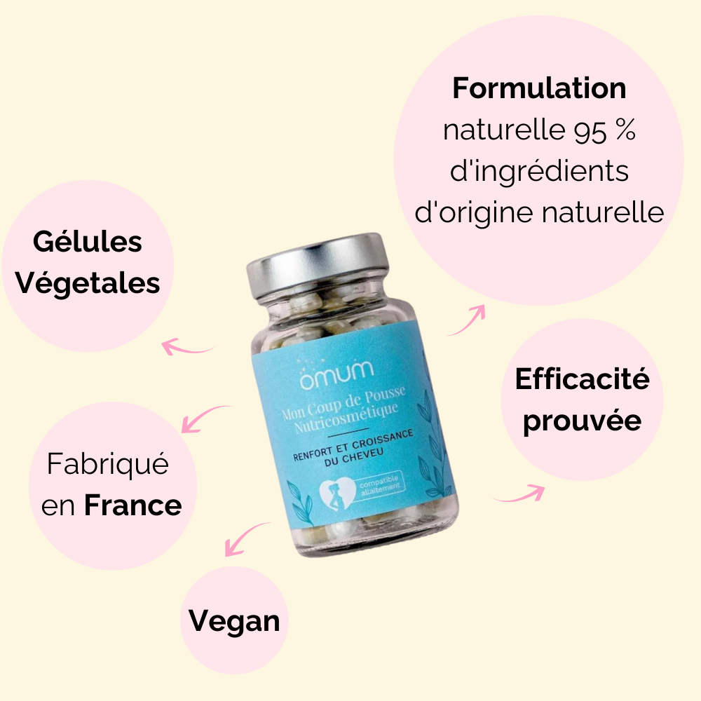 Mon Coup de Pousse Nutricosmétique compatible avec l'allaitement et la grossesse, formulé pour soutenir la santé des cheveux après l'accouchement.