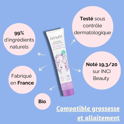 Dentifrice L’Éclatant Omum avec des informations sur la fabrication en France, 99% d'ingrédients naturels, testé sous contrôle dermatologique, et compatible avec la grossesse et l'allaitement.