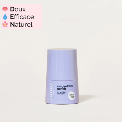 Déodorant JOONE sans aluminium, à 99,6 % d’ingrédients naturels, testé dermatologiquement, et fabriqué en France dans un flacon recyclable.