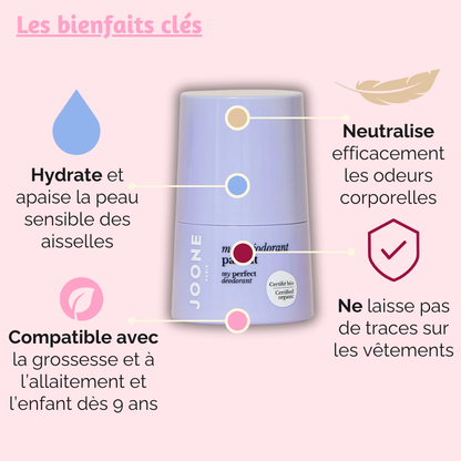 Déodorant JOONE qui hydrate, apaise les peaux sensibles, neutralise les odeurs, ne laisse pas de traces et est adapté dès 9 ans.