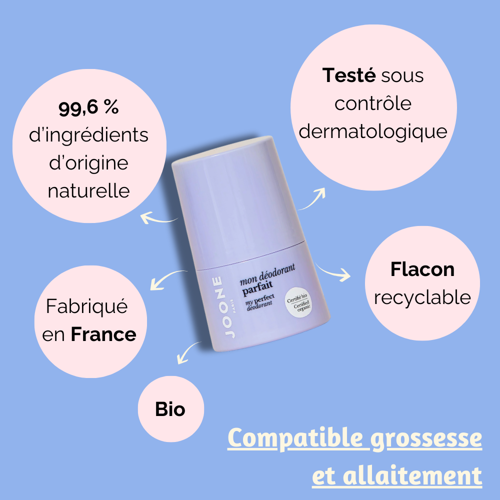 Déodorant bio de JOONE, sûr pour les femmes enceintes et allaitantes, avec une formule douce et naturelle.