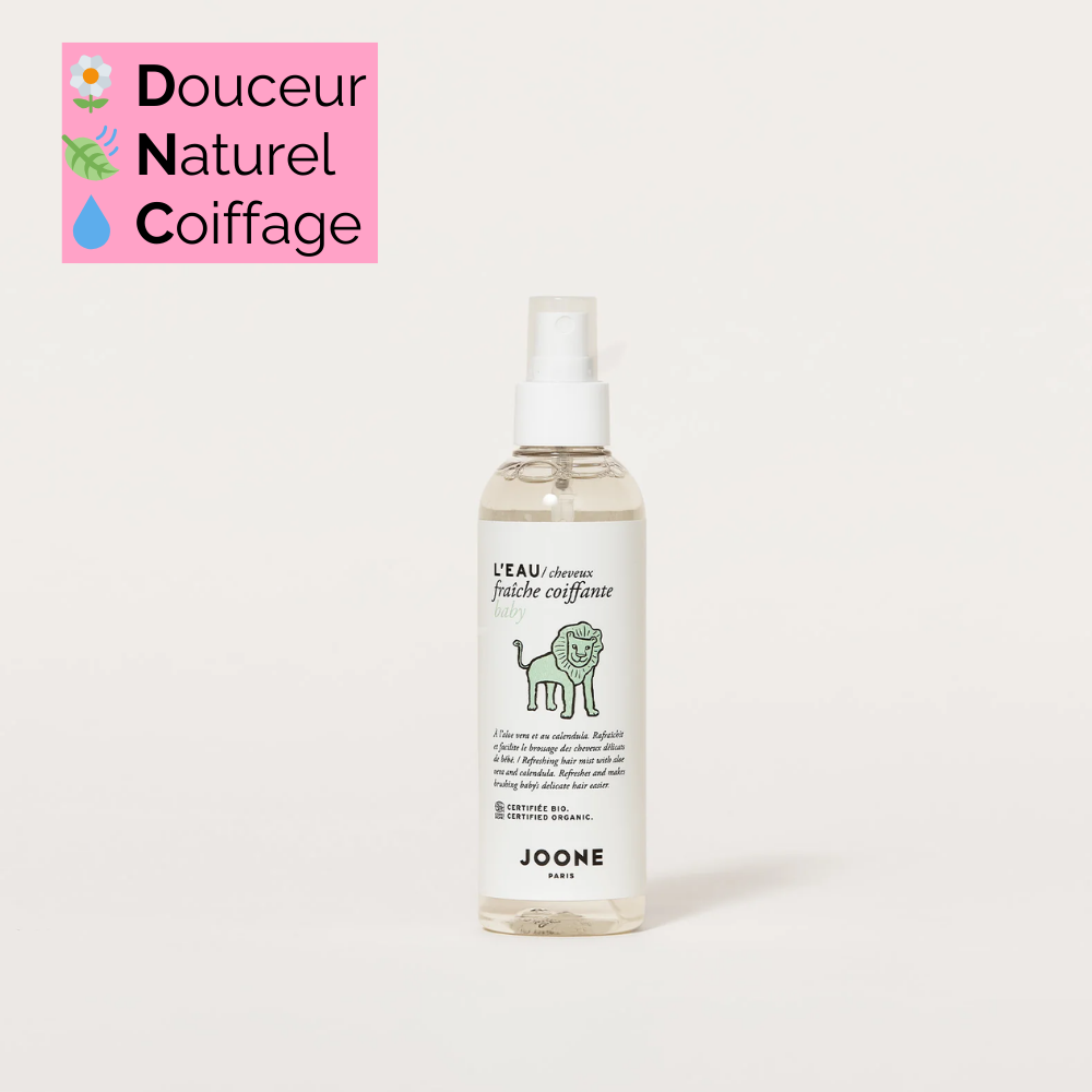 Eau coiffante Joone, 99,2% d'ingrédients d'origine naturelle, flacon recyclable pour nourrir et coiffer les cheveux délicats de bébé.