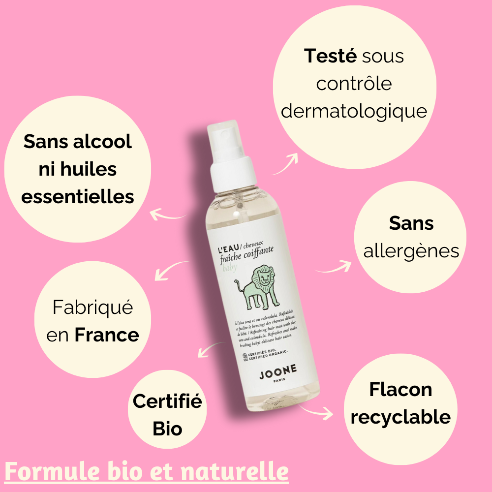 Eau coiffante Joone, hypoallergénique et testée dermatologiquement, adaptée à la peau sensible des bébés.